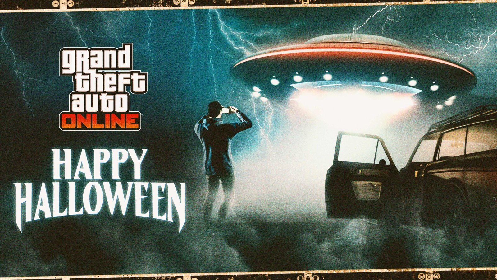 Grand Theft Auto Online Halloween event poster showing a UFO beaming light over a man and a car, with stormy skies and “Happy Halloween” text.
