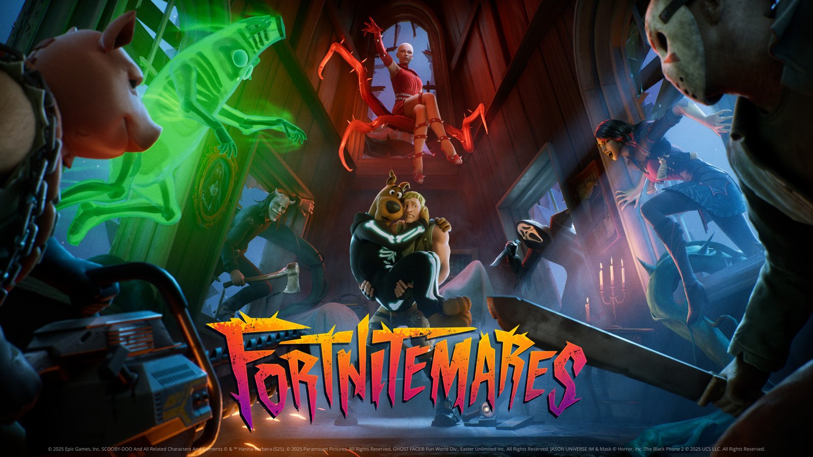 Official Fortnite Fortnitemares 2025 artwork featuring Ghostface, Scooby-Doo, and Jason Voorhees.