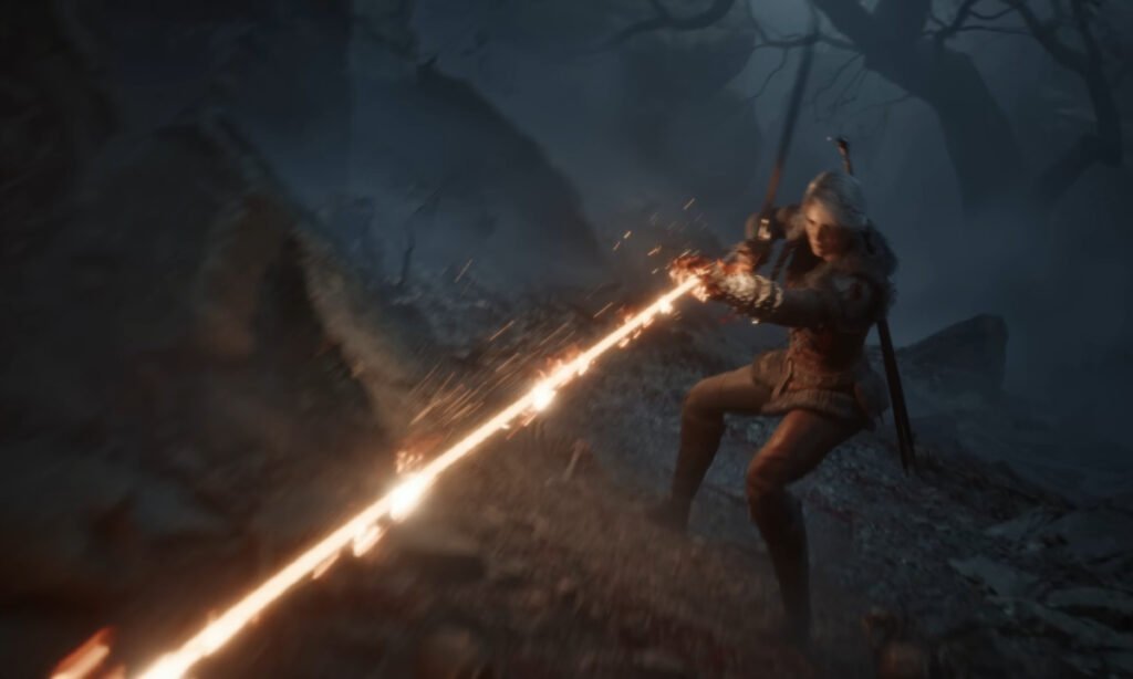 Ciri fighting with her sword while unleashing a fiery magic strike in a misty forest scene from The Witcher IV trailer.