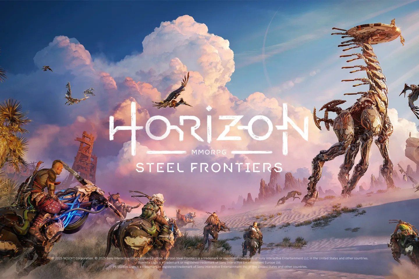 Horizon Steel Frontiers key art showing hunters riding machine mounts across a desert landscape with tall mechanical creatures and flying machines under a dramatic sky.
