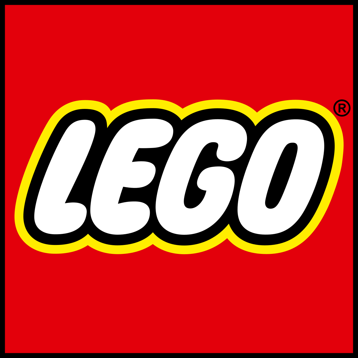 LEGO logo with red background and white,black and yellow Lego letters