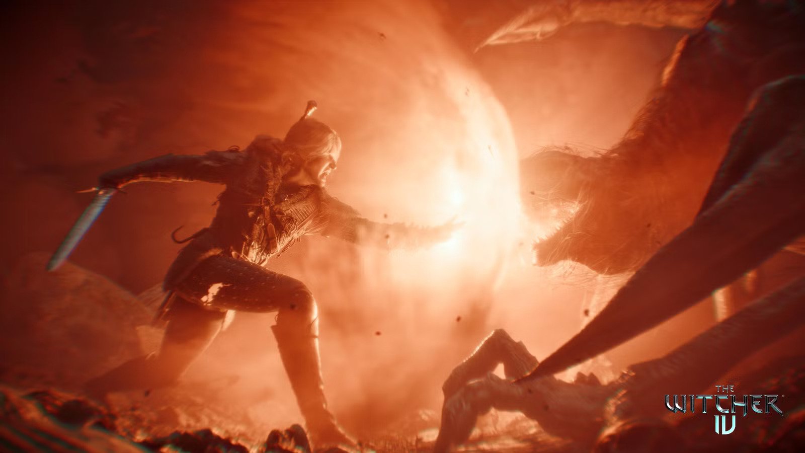 The Witcher IV cinematic scene showing a character casting a fiery magical blast against a monster in a dark cave.