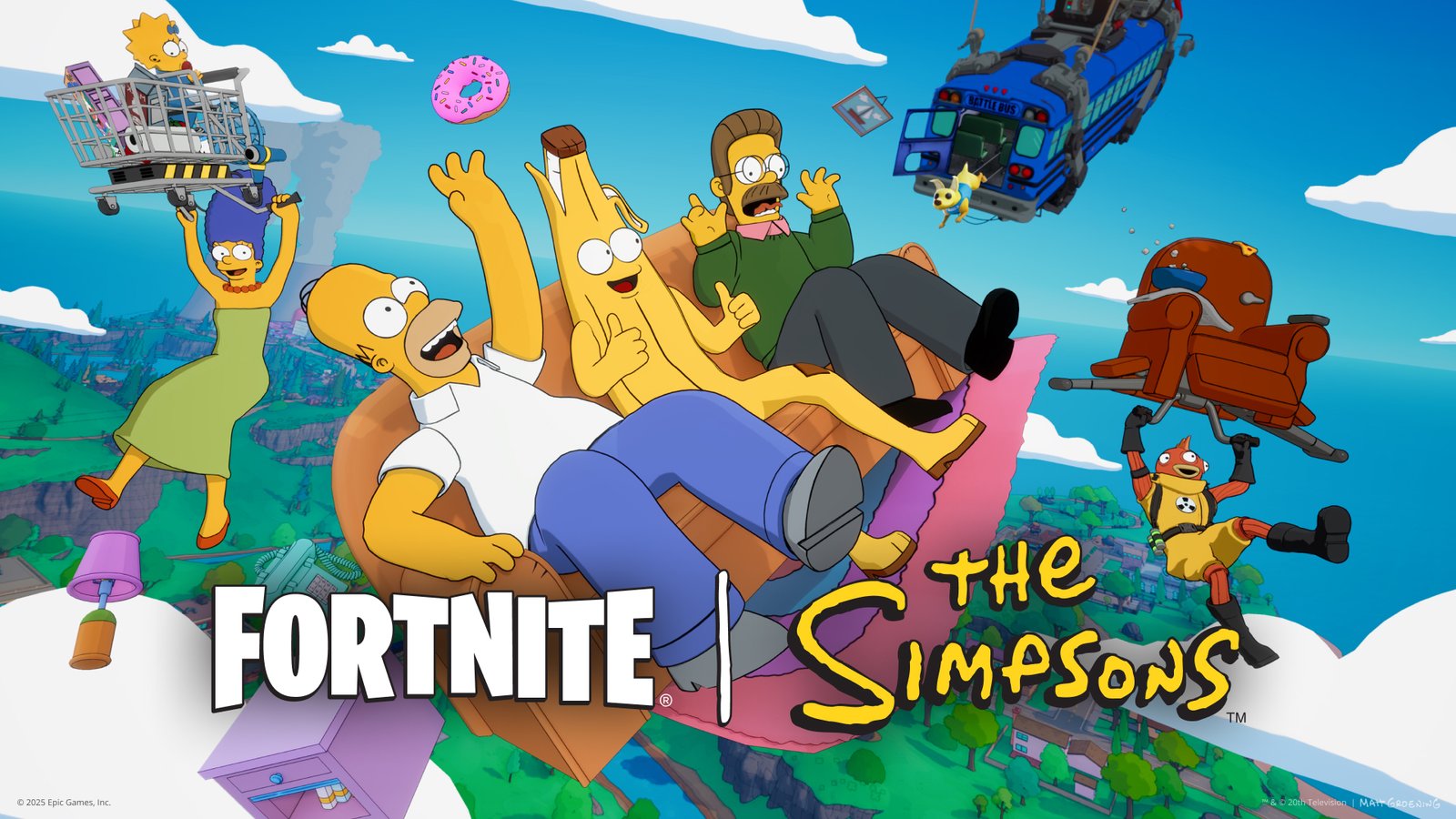 Fortnite x The Simpsons crossover artwork showing The Simpsons family skydiving with Fortnite characters and the Battle Bus in the background.