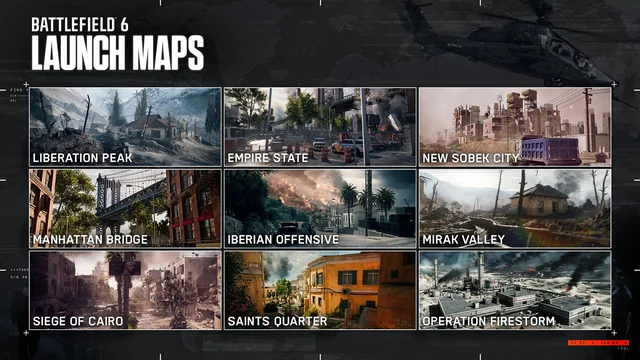 Battlefield 6 launch maps showcase featuring nine locations, including Liberation Peak, Empire State, New Sobek City, Manhattan Bridge, Iberian Offensive, Mirak Valley, Siege of Cairo, Saints Quarter, and Operation Firestorm.