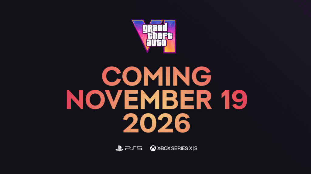 Grand Theft Auto VI official release announcement showing the GTA 6 logo and release date “Coming November 19, 2026” for PlayStation 5 and Xbox Series X|S.