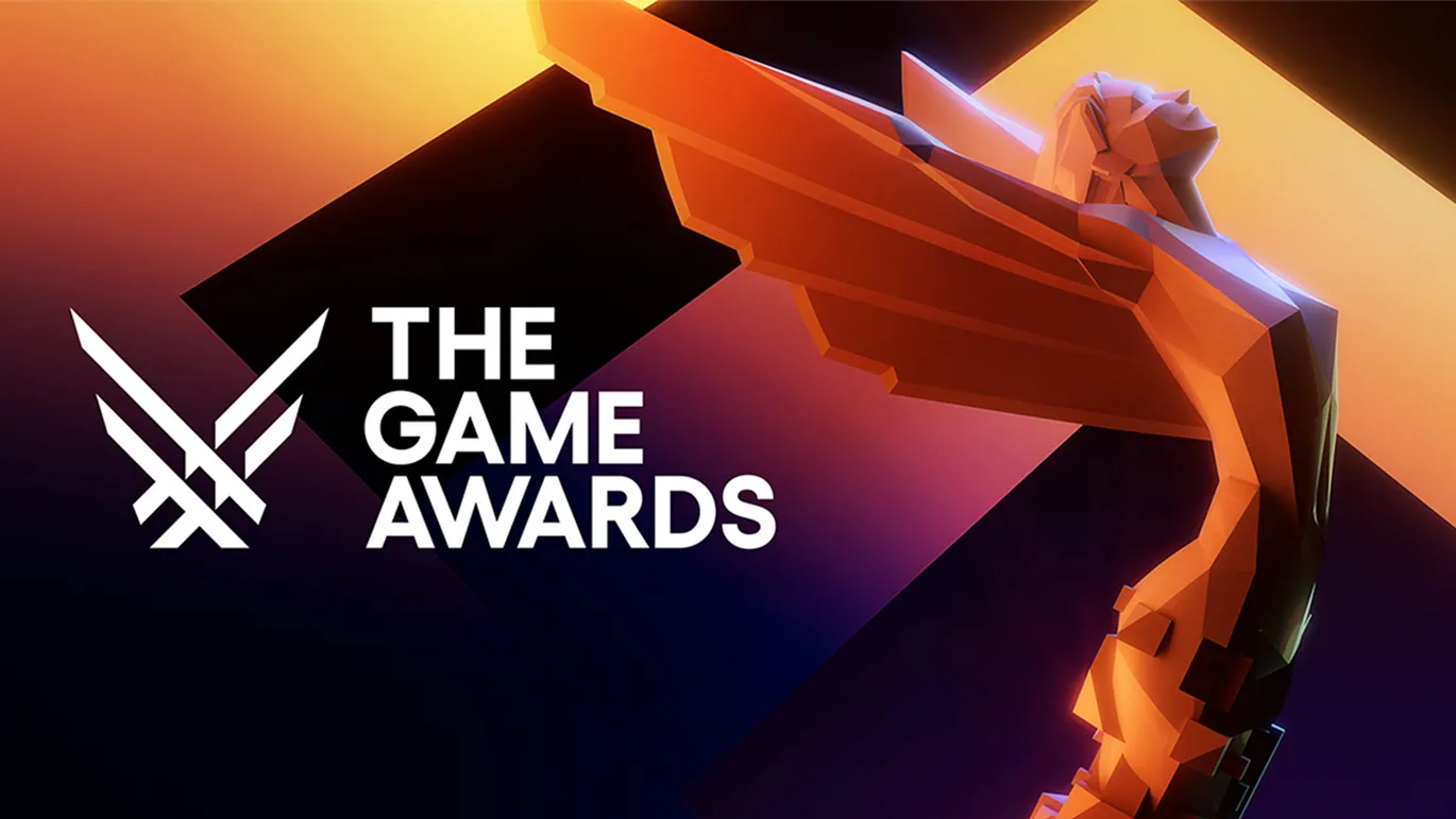 The Game Awards promotional artwork featuring the iconic winged trophy statue against a vibrant orange and purple background with the event logo.