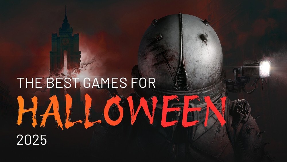 Promotional artwork for The Best Games for Halloween 2025 showing a dark, haunted city skyline and a futuristic armored character with a headlamp, symbolizing spooky horror gaming themes.