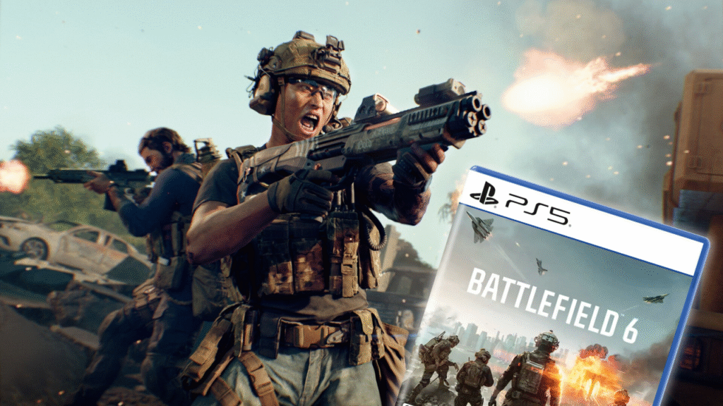 Battlefield 6 action scene showing soldiers fighting in a war zone, with a PS5 Battlefield 6 game cover displayed in the foreground.