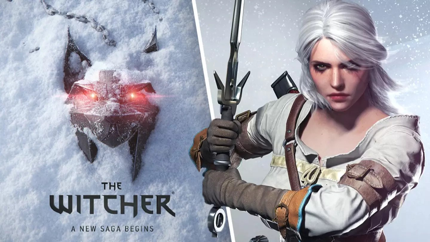 Promotional image for The Witcher: A New Saga Begins, featuring a glowing wolf medallion in snow and the character Ciri holding a sword, symbolizing the next chapter in The Witcher series.
