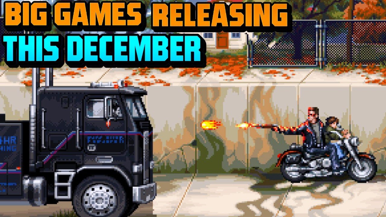 Retro-style pixel art scene showing a biker firing at a truck, with bold text reading “Big Games Releasing This December” highlighting upcoming game launches.