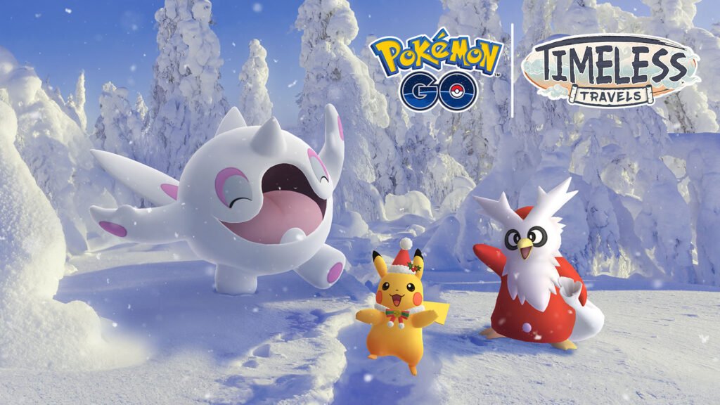 Pokémon GO Timeless Travels winter event artwork featuring festive Pikachu, Delibird, and Snorunt in a snowy forest setting.